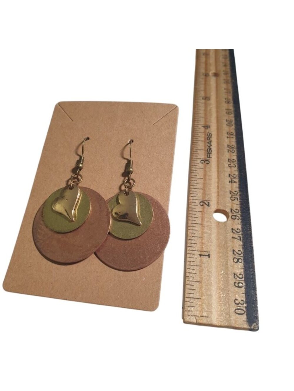 Metallic Layered Dangle Earrings Layered Circular Design Gold Heart Charm Bronze - Picture 3 of 4